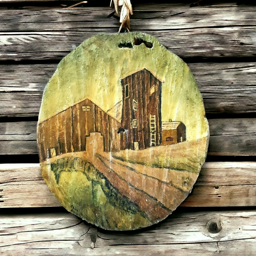 Original Wood Slab Painting, Old Farm  Grain Mill, Rustic Country Primitive